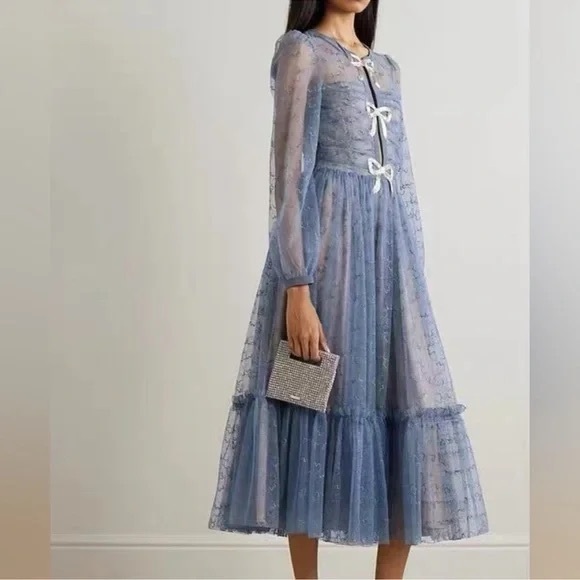 Saloni Camille bow embellished tulle midi gown in blue size US 6 worn once! - Picture 6 of 10